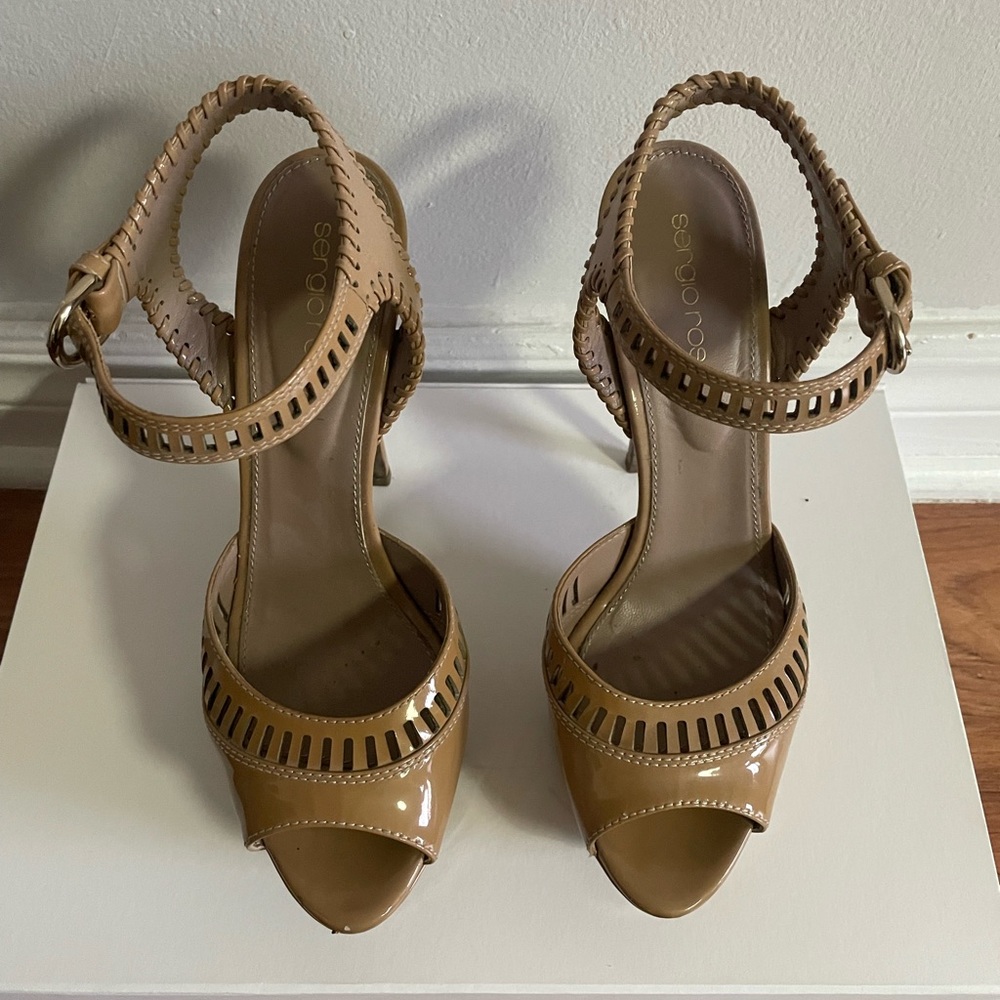 Sergio Rossi Nude Patent Platform Sandals